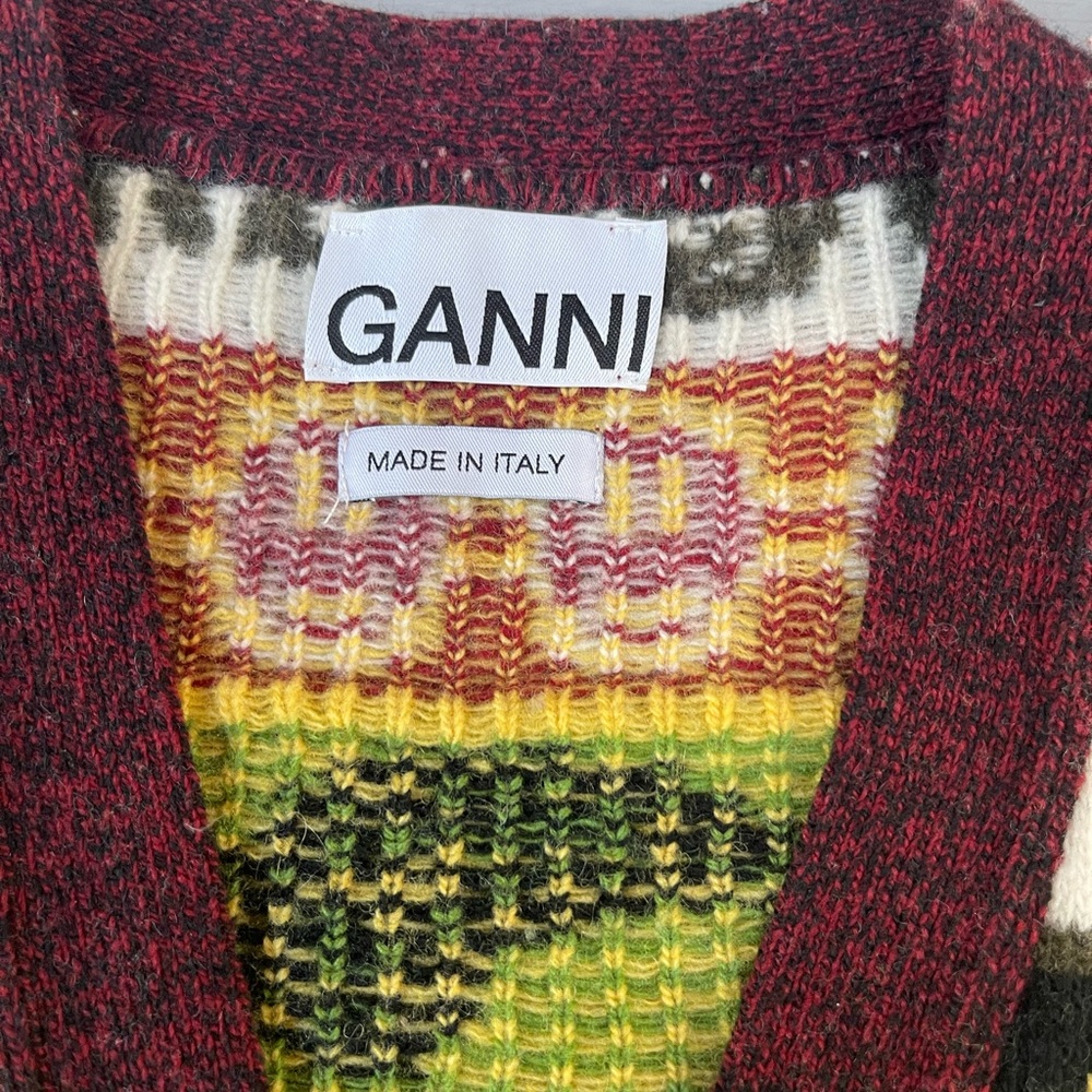 Ganni Multicolor Patterned Cardigan - Burgundy Trim, Yellow, Green, Black - Picture 3 of 4